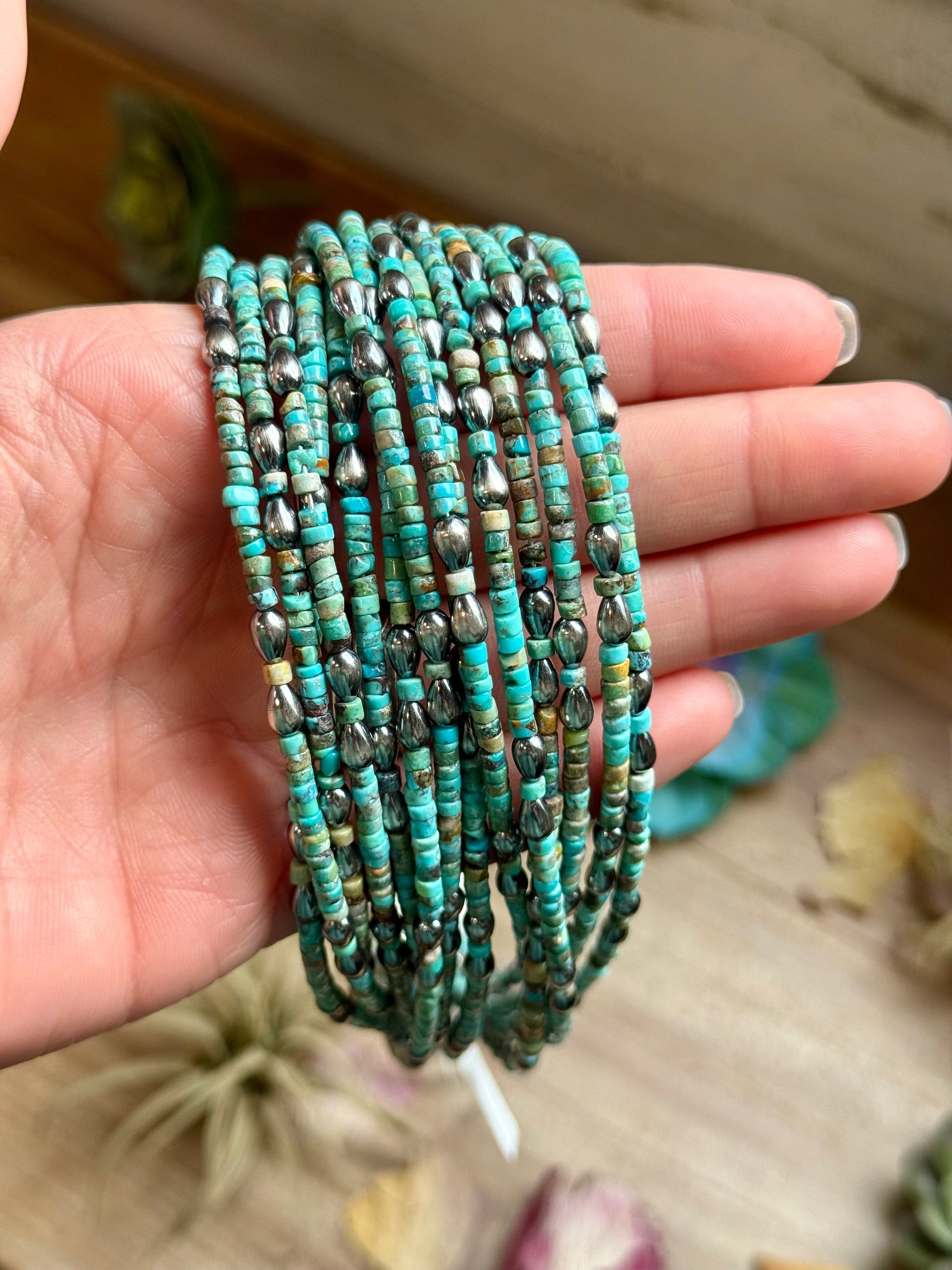 Turquoise Heishi Necklace with Pear Shape Pendant – 14”, close-up view