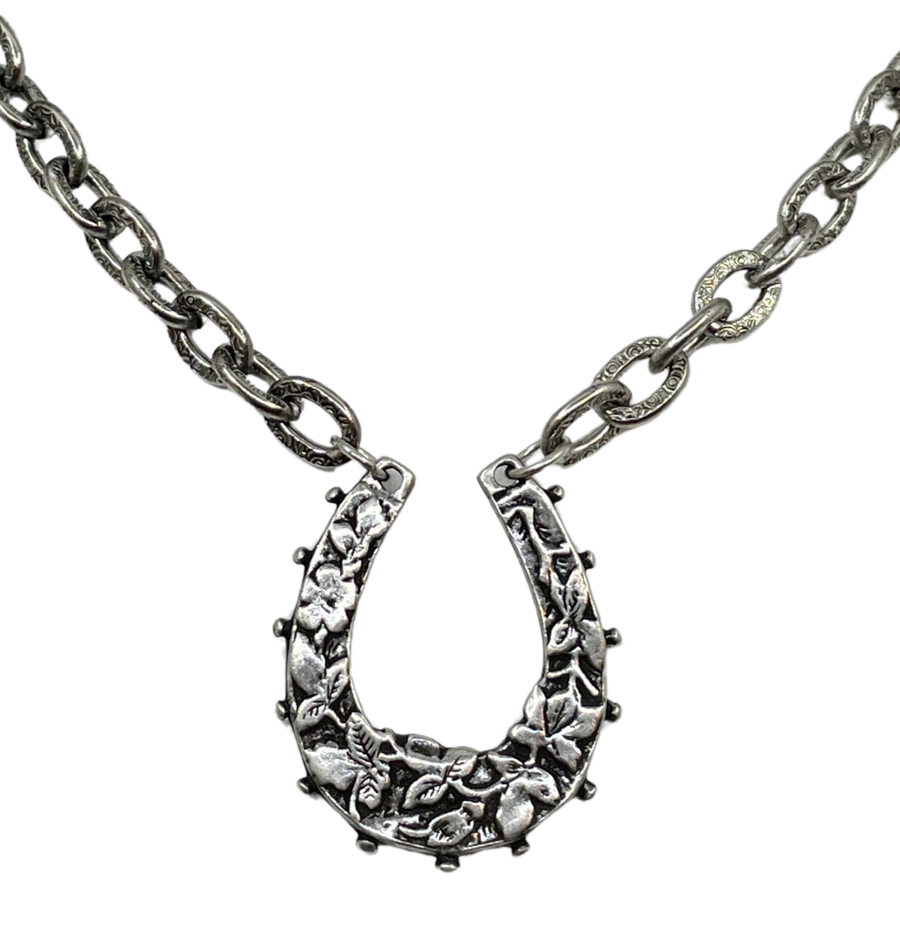 Vintage Reproduction Sterling Plated 17" Chain with Horseshoe Pendant, front view