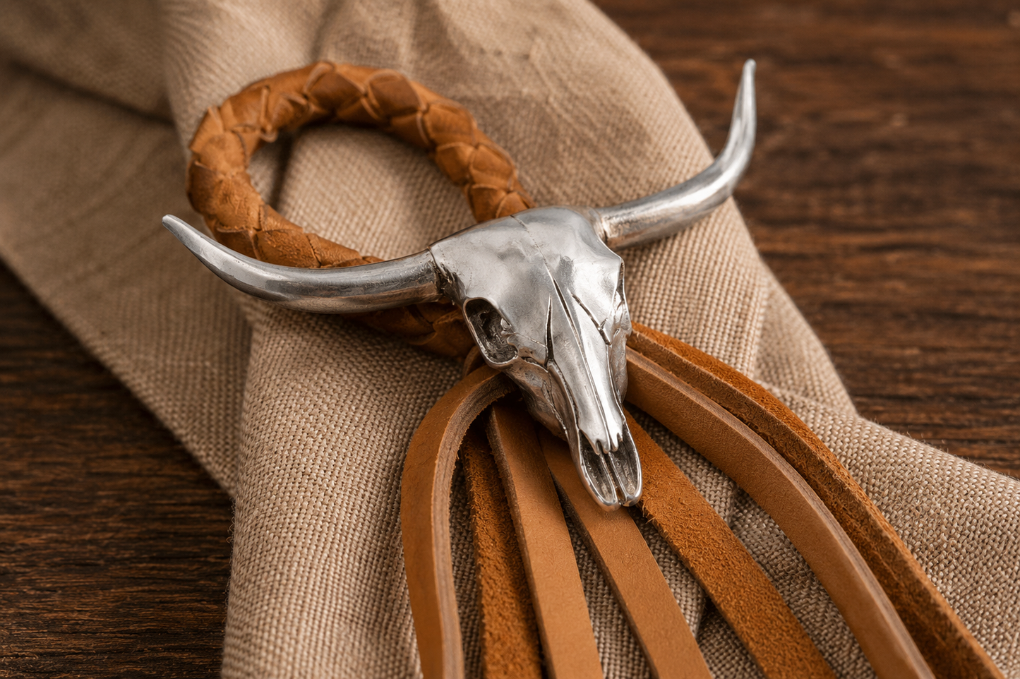 Long Horn Skull Leather Napkin Ring, detail view