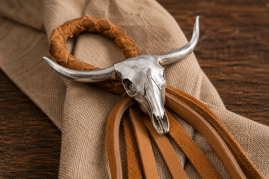 Long Horn Skull Leather Napkin Ring, detail view