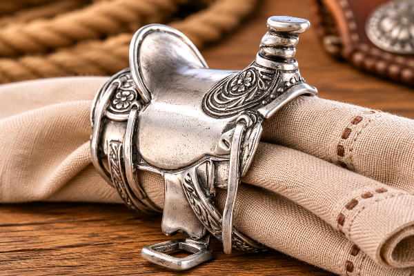 Pewter Cowboy Saddle Napkin Ring, front view