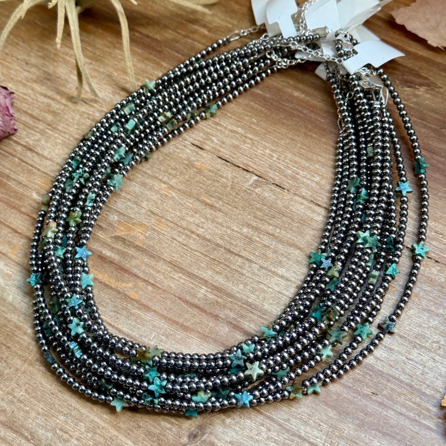 15” African Turquoise Star Necklace – Sterling Silver Pearls, alternate view