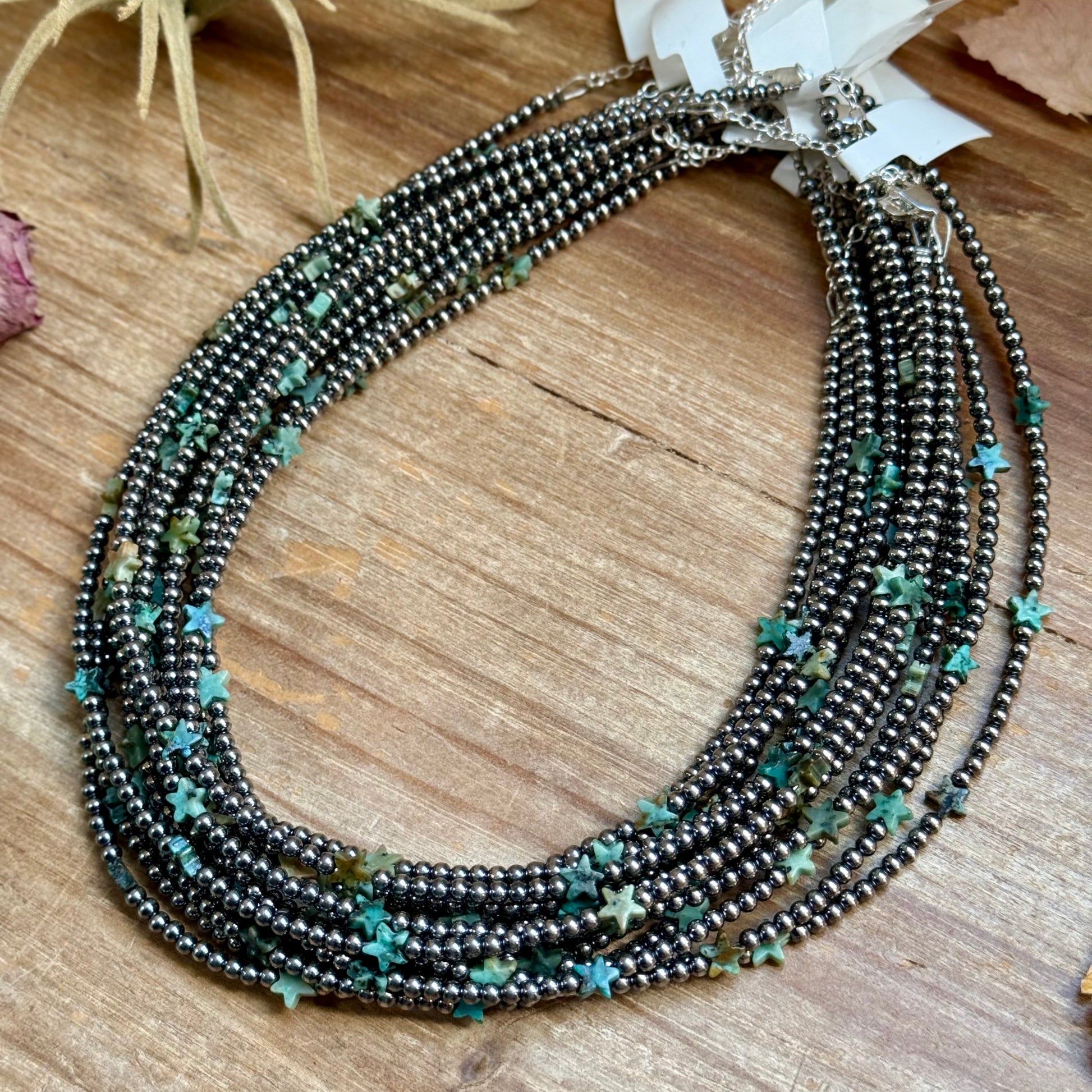 15” African Turquoise Star Necklace – Sterling Silver Pearls, alternate view