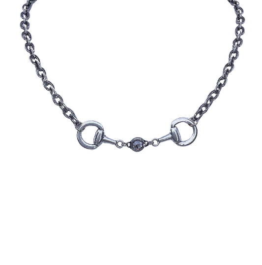Vintage Sterling Plated Reproduction Horse Bit and Crystal Necklace, front view