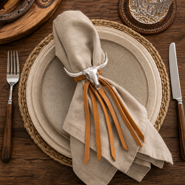 Long Horn Skull Leather Napkin Ring, side view