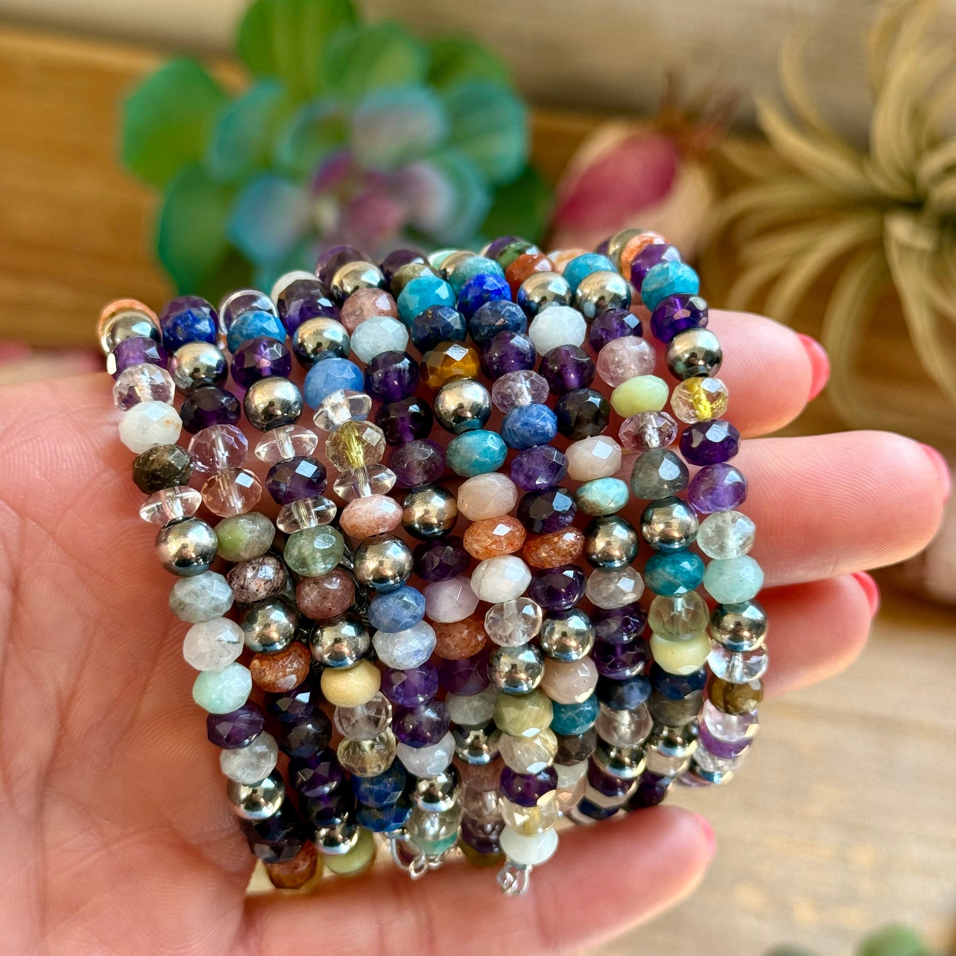 6.25” Mixed Gemstone Bracelet – 6mm Sterling Silver Pearls, detail view