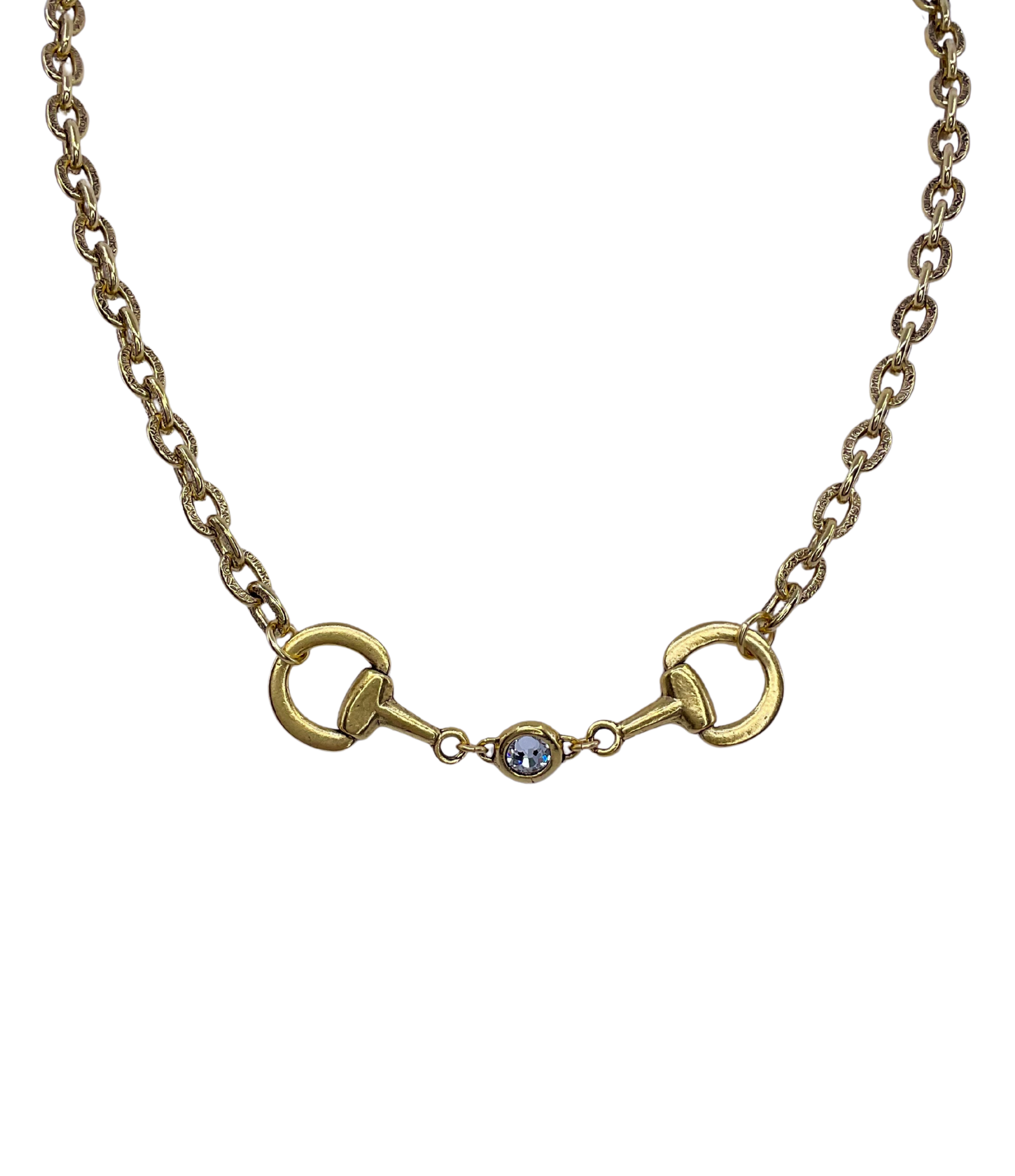Vintage Gold Plated Reproduction Horse Bit and Crystal Necklace, front view