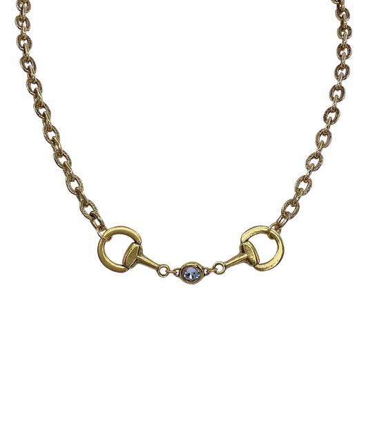 Vintage Gold Plated Reproduction Horse Bit and Crystal Necklace, front view