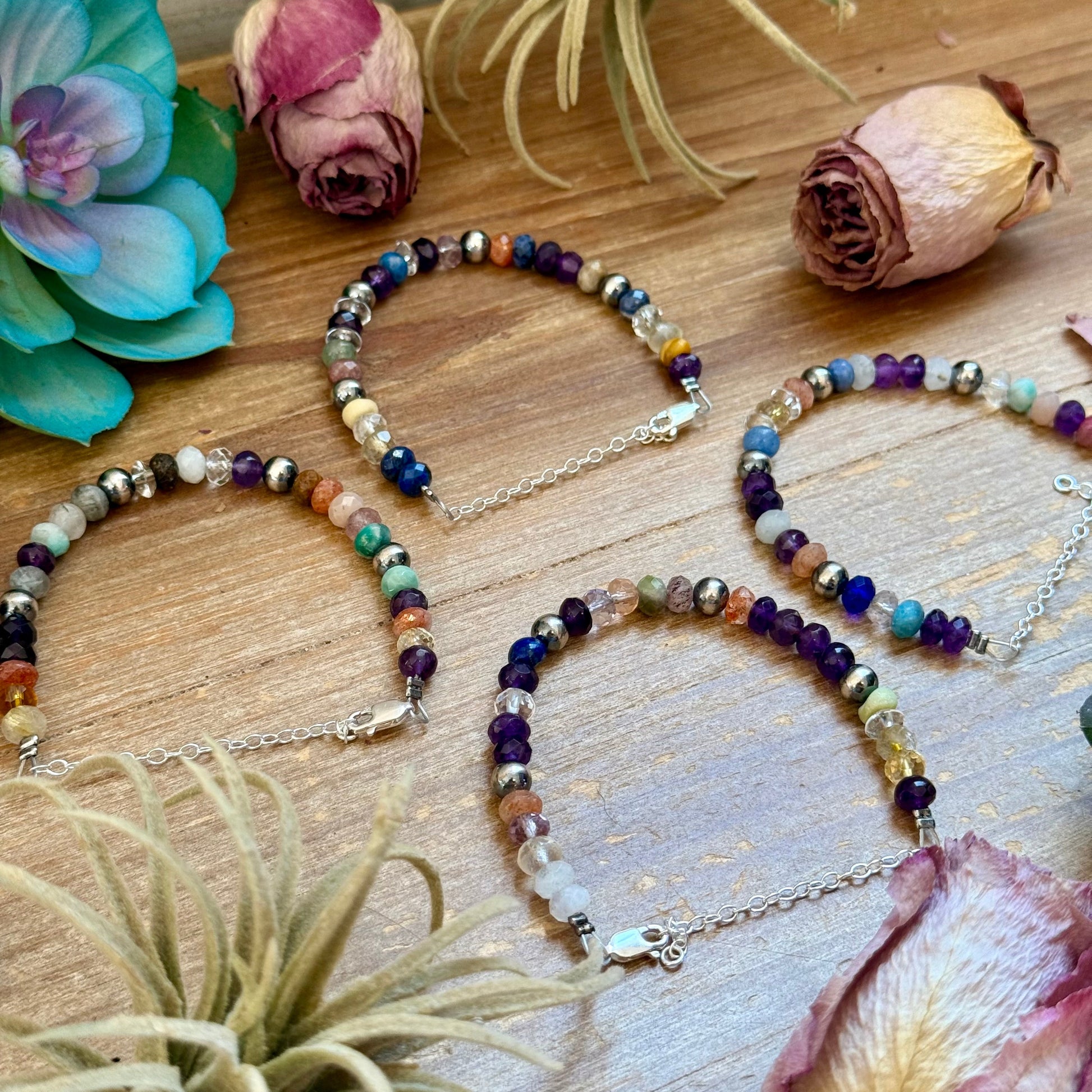 6.25” Mixed Gemstone Bracelet – 6mm Sterling Silver Pearls, alternate view