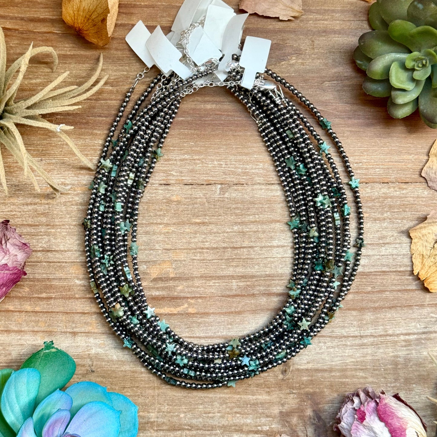 15” African Turquoise Star Necklace – Sterling Silver Pearls, side view