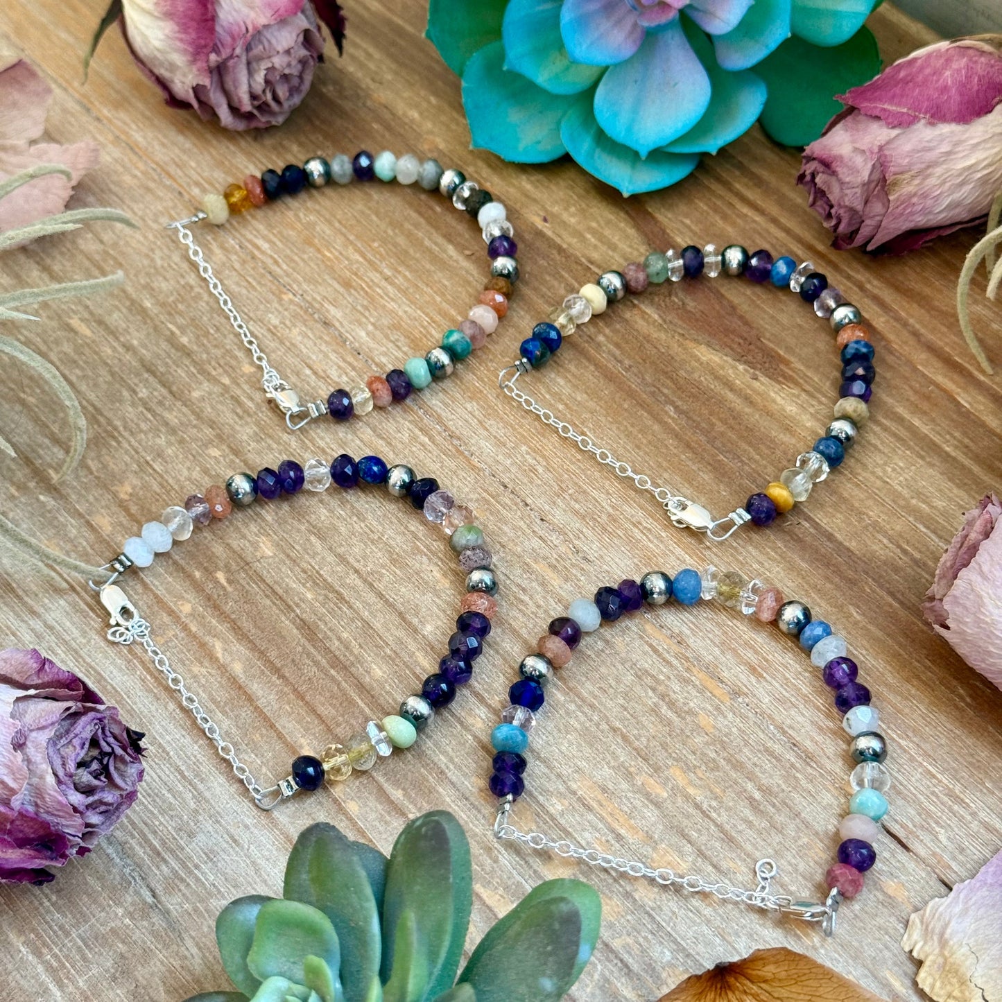 6.25” Mixed Gemstone Bracelet – 6mm Sterling Silver Pearls, side view