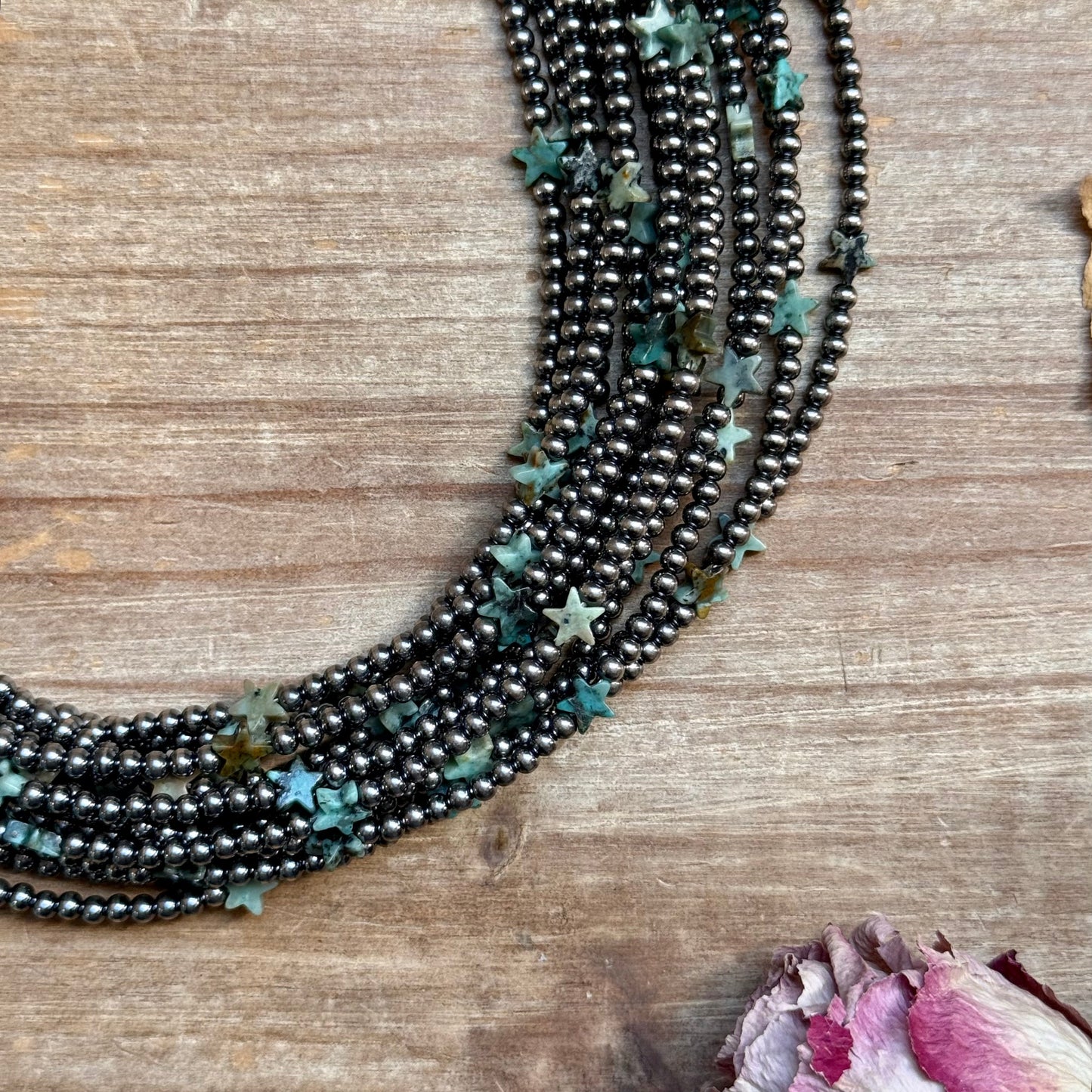 15” African Turquoise Star Necklace – Sterling Silver Pearls, detail view