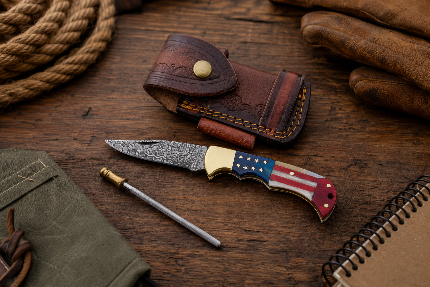 Damascus Steel Patriot Resin Pocket Knife