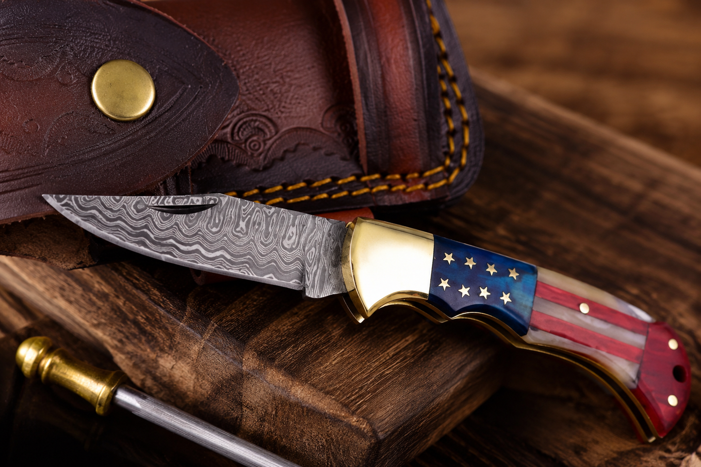 Damascus Steel Patriot Resin Pocket Knife