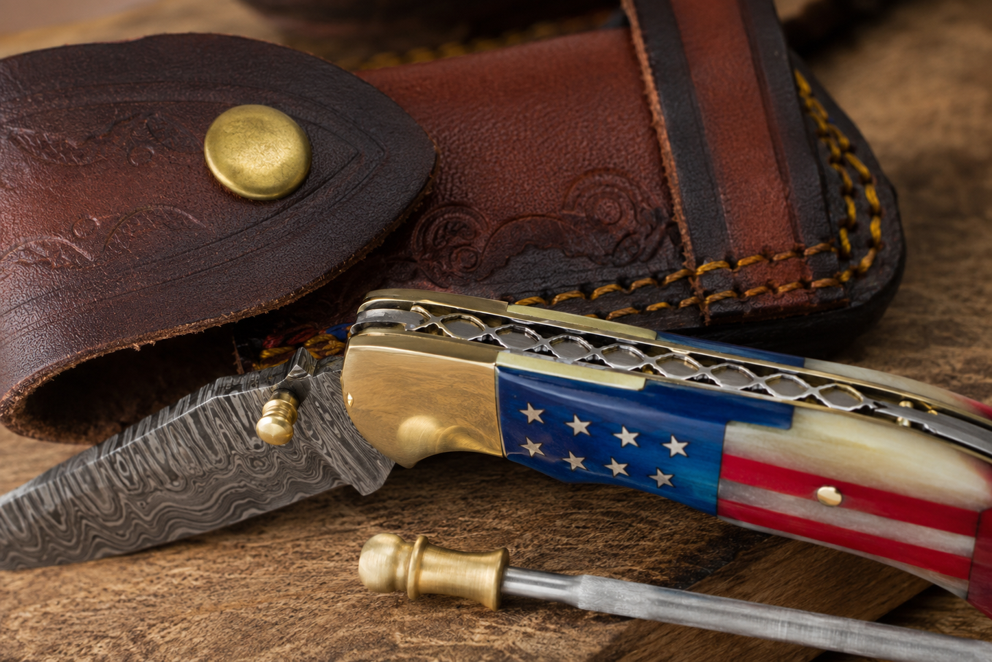 Damascus Steel Patriot Resin Pocket Knife