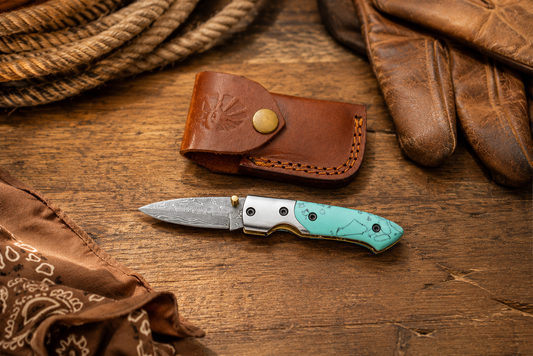 Damascus Steel Turquoise Resin Pocket Knife