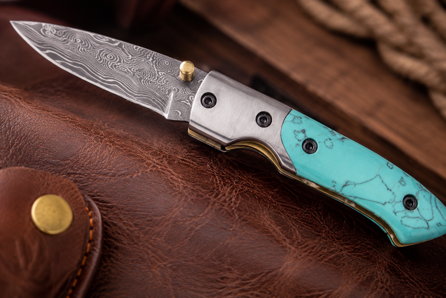 Damascus Steel Turquoise Resin Pocket Knife