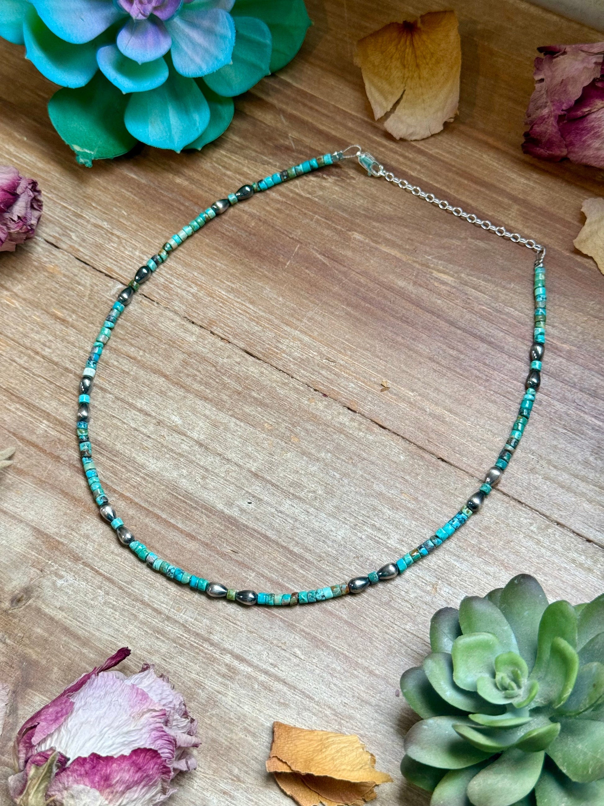 Turquoise Heishi Necklace with Pear Shape Pendant – 14”, side view