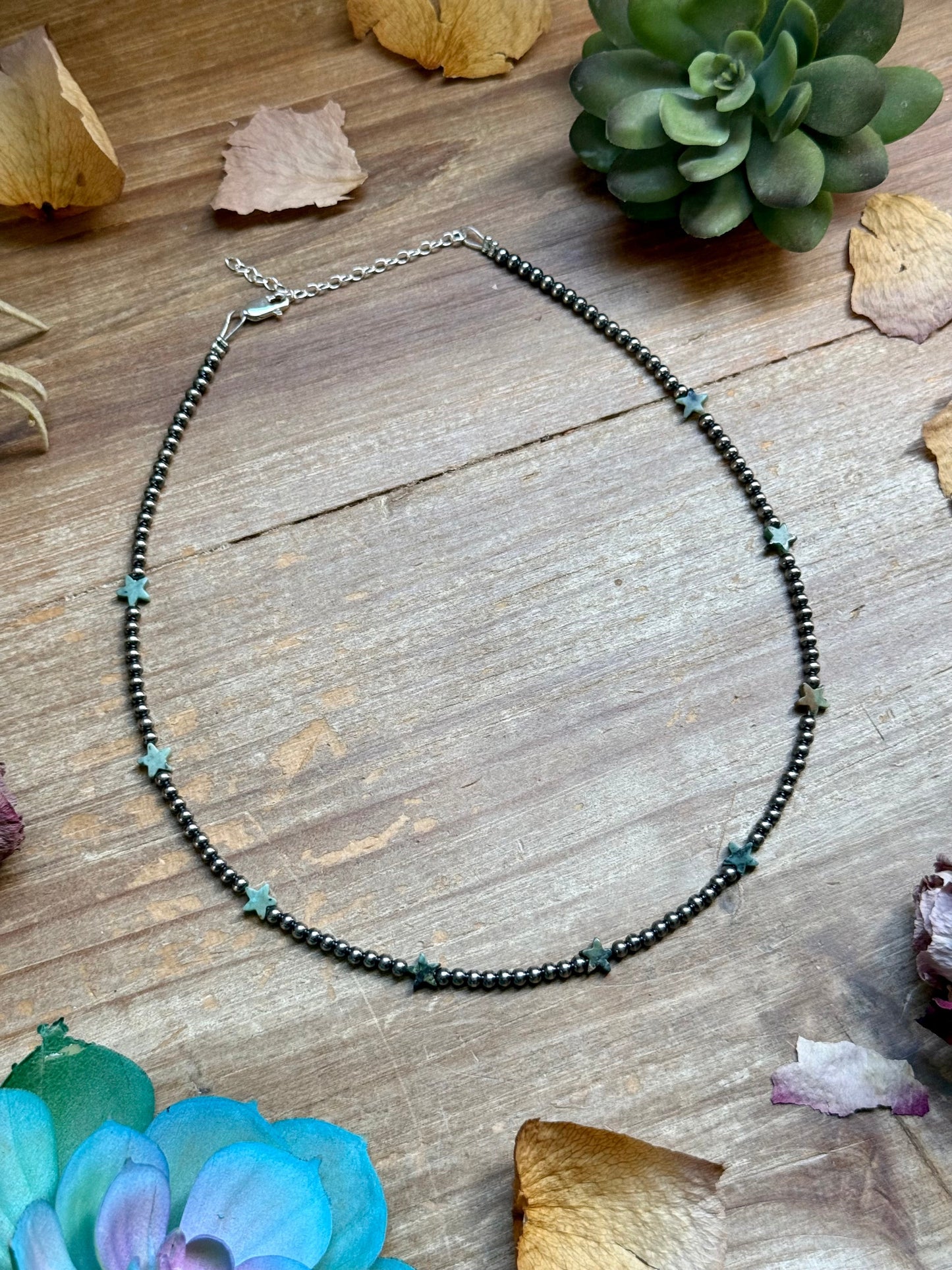 15” African Turquoise Star Necklace – Sterling Silver Pearls, lifestyle view