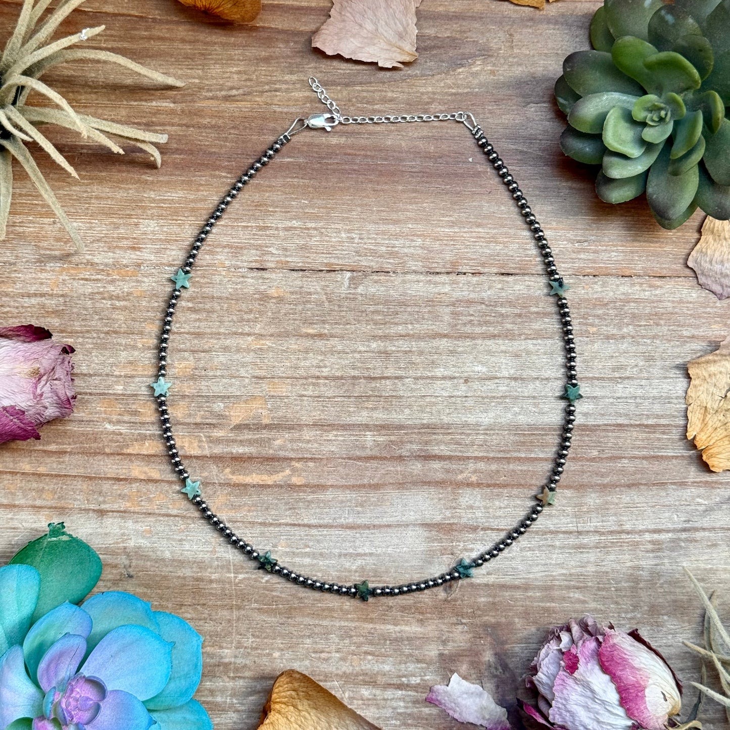15” African Turquoise Star Necklace – Sterling Silver Pearls, front view