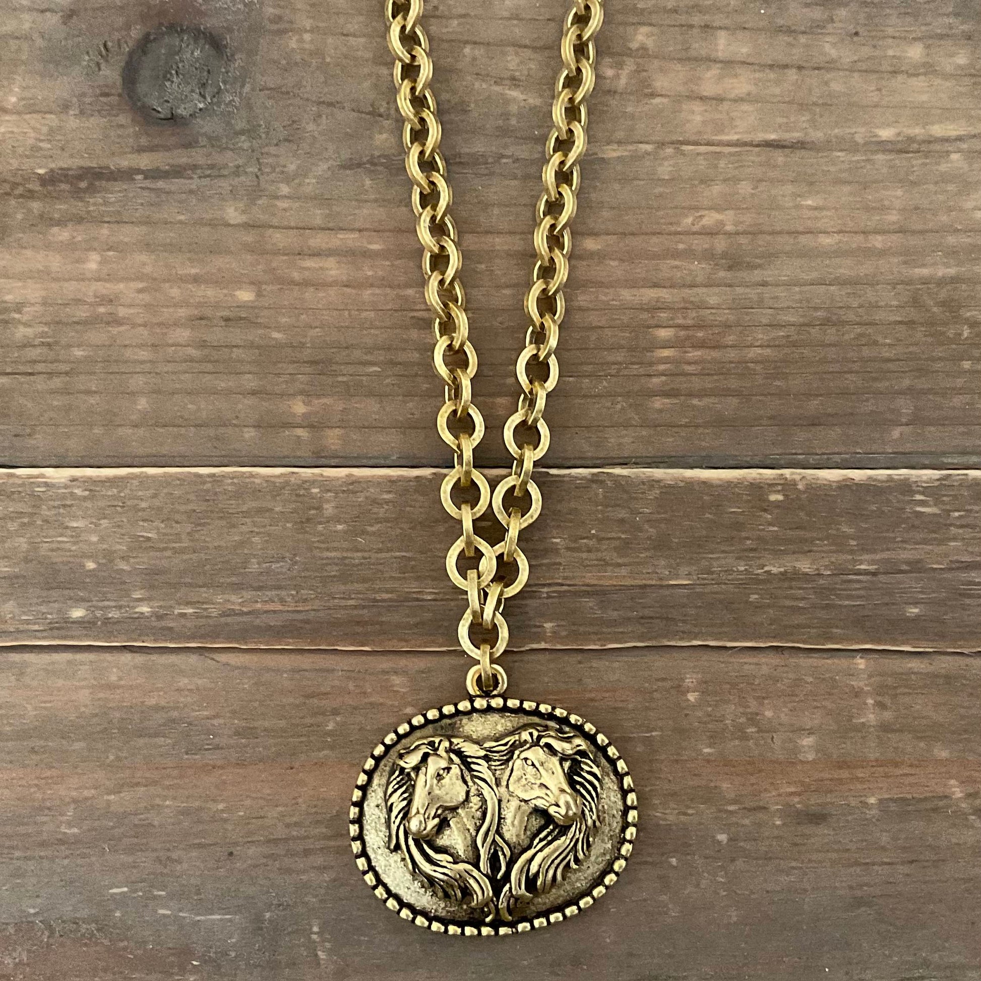 Gold Plated 18" Chain with Vintage Horse Pendant, side view