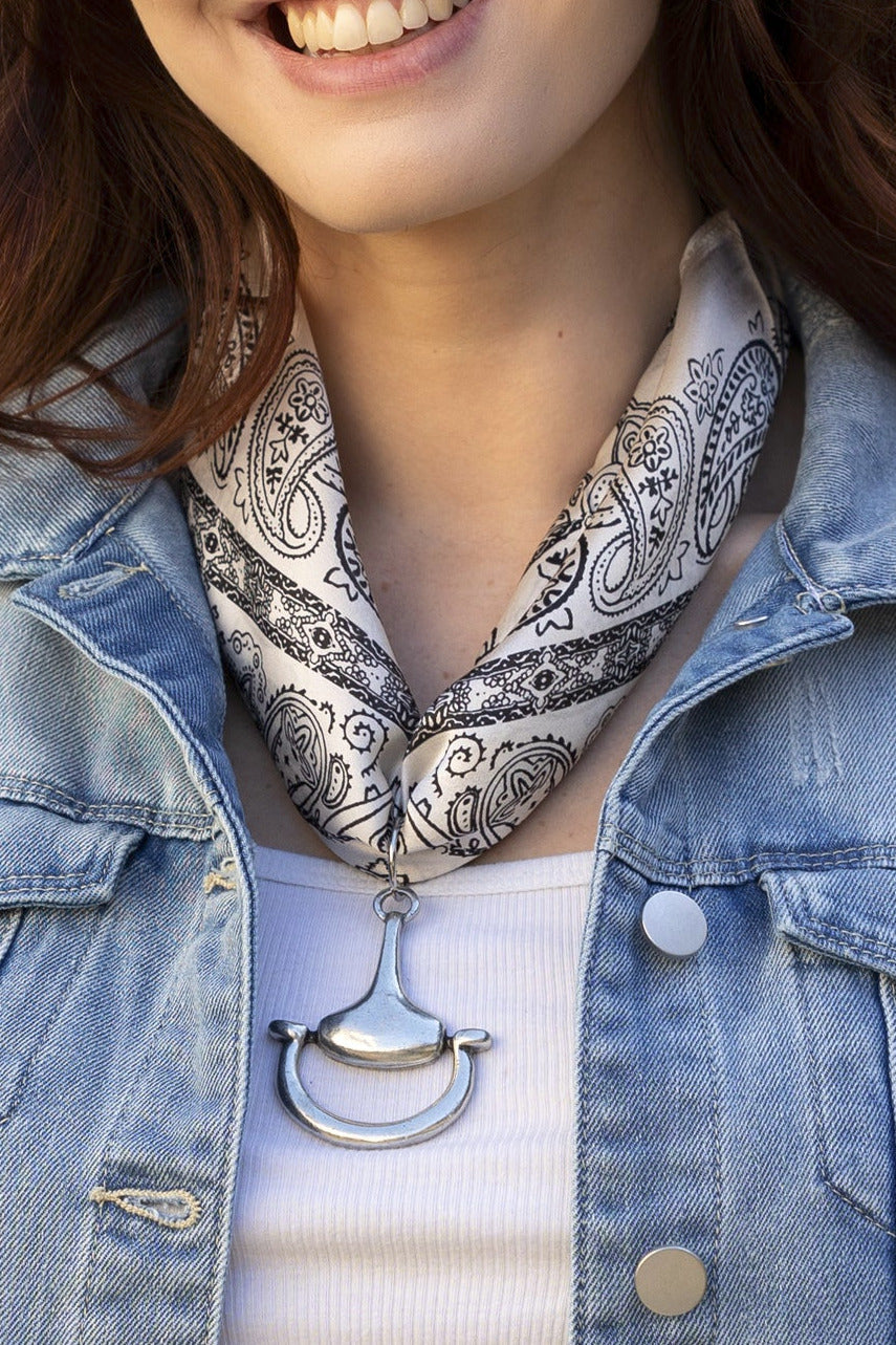 Western 100% Silk Scarf in White with choice of Gold or Silver Metal Horse-Bit, front view