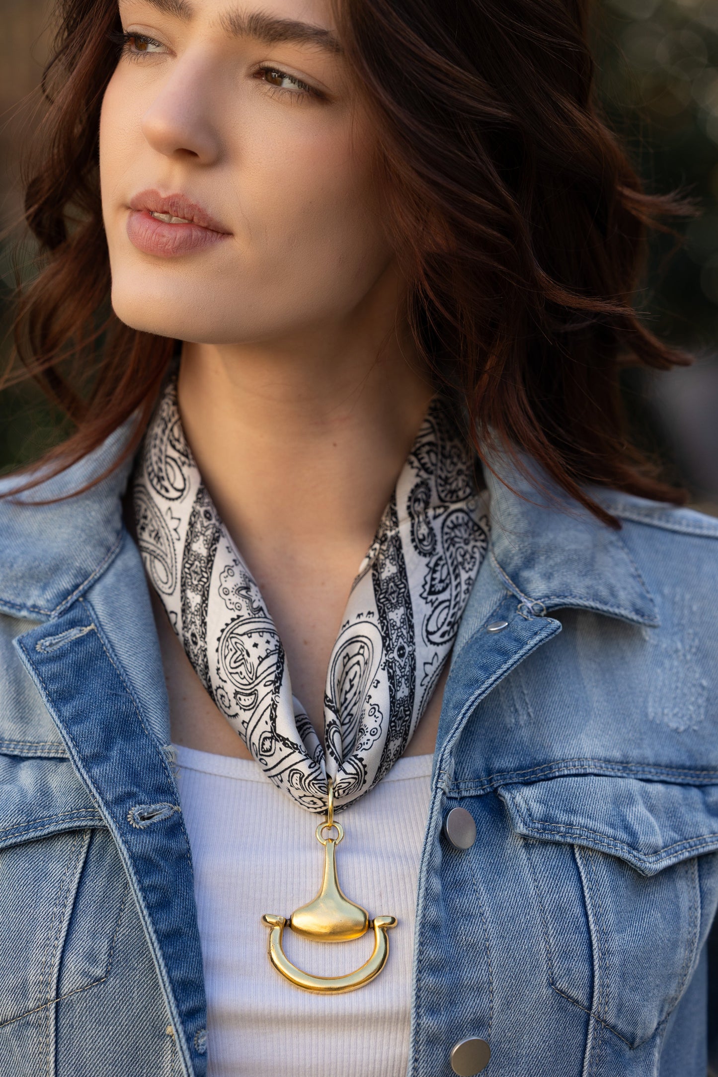 Western 100% Silk Scarf in White with choice of Gold or Silver Metal Horse-Bit, detail view