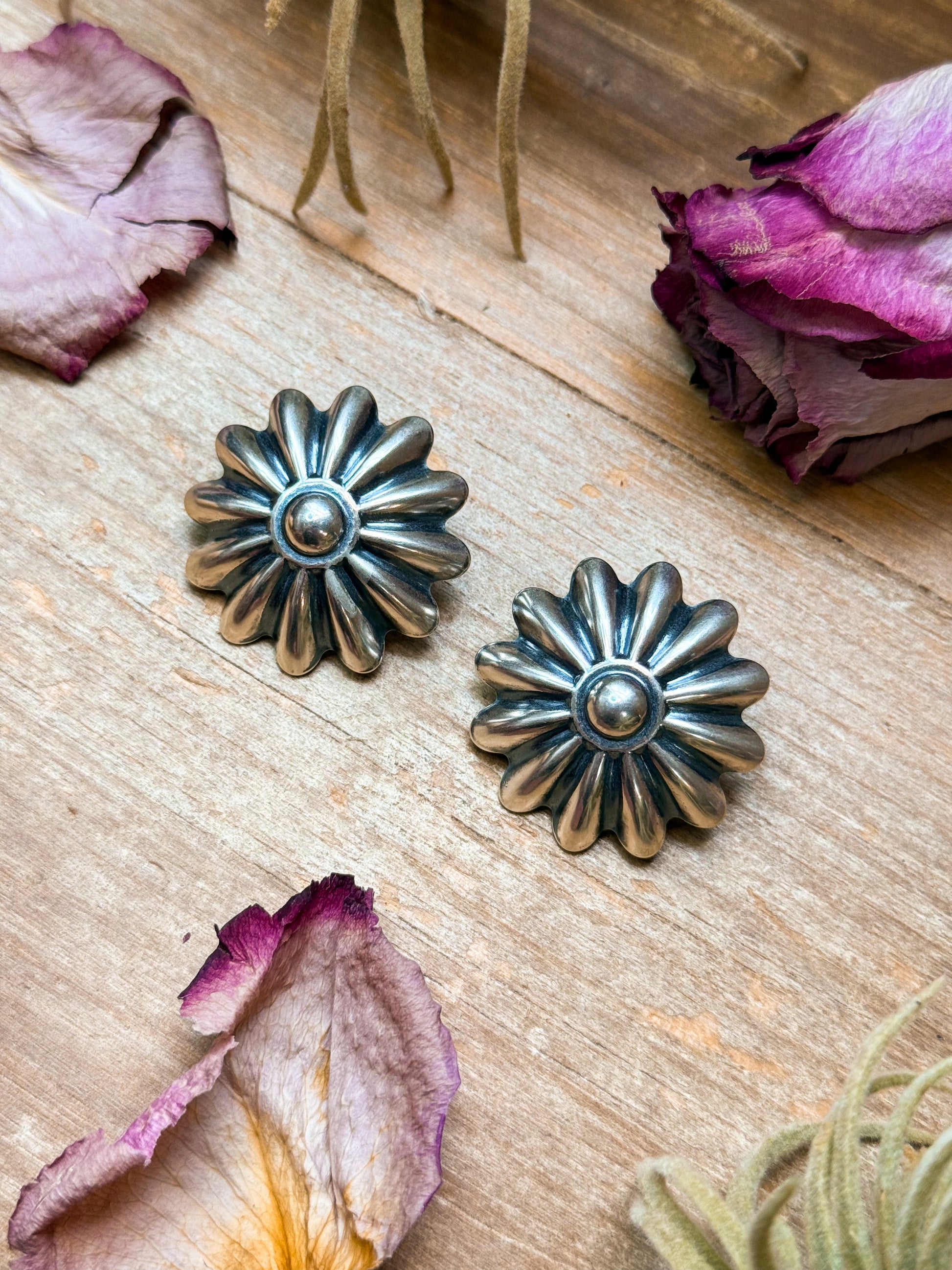 The Pascale Sterling Silver Concho Earrings, detail view