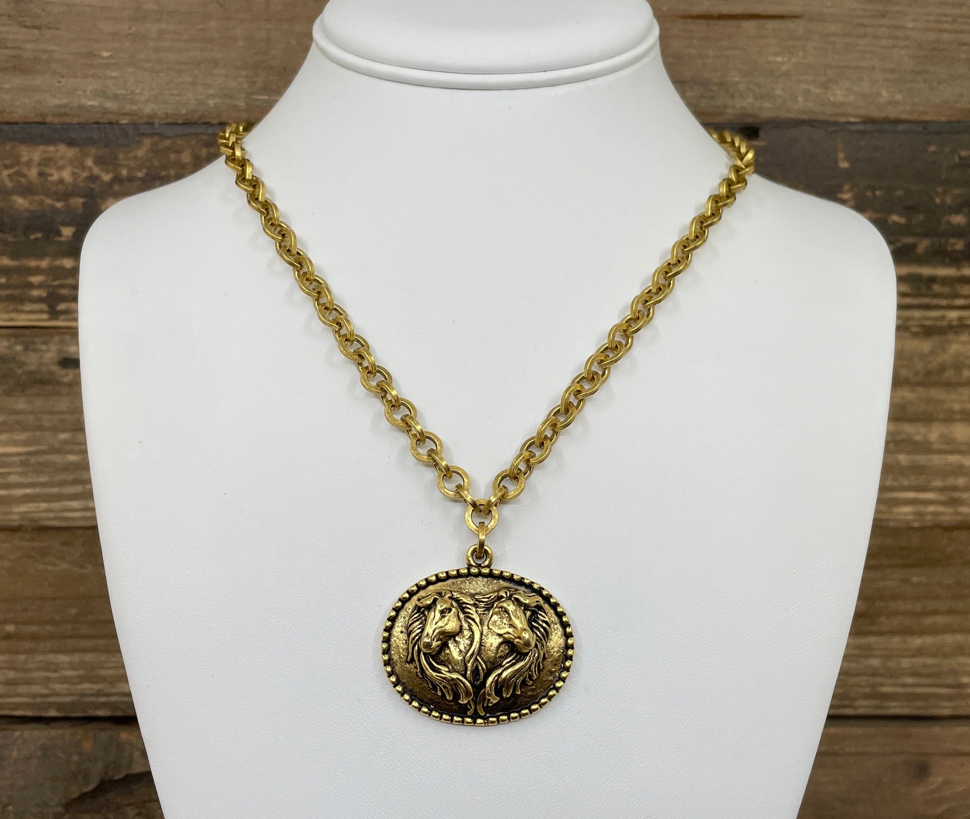 Gold Plated 18" Chain with Vintage Horse Pendant, detail view