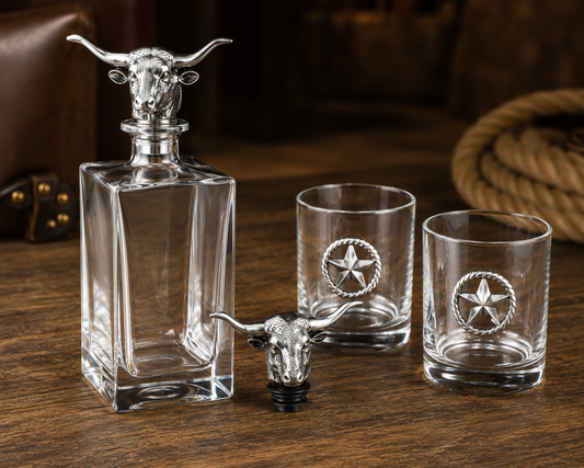Longhorn Decanter Set with Pair of Glasses, detail view