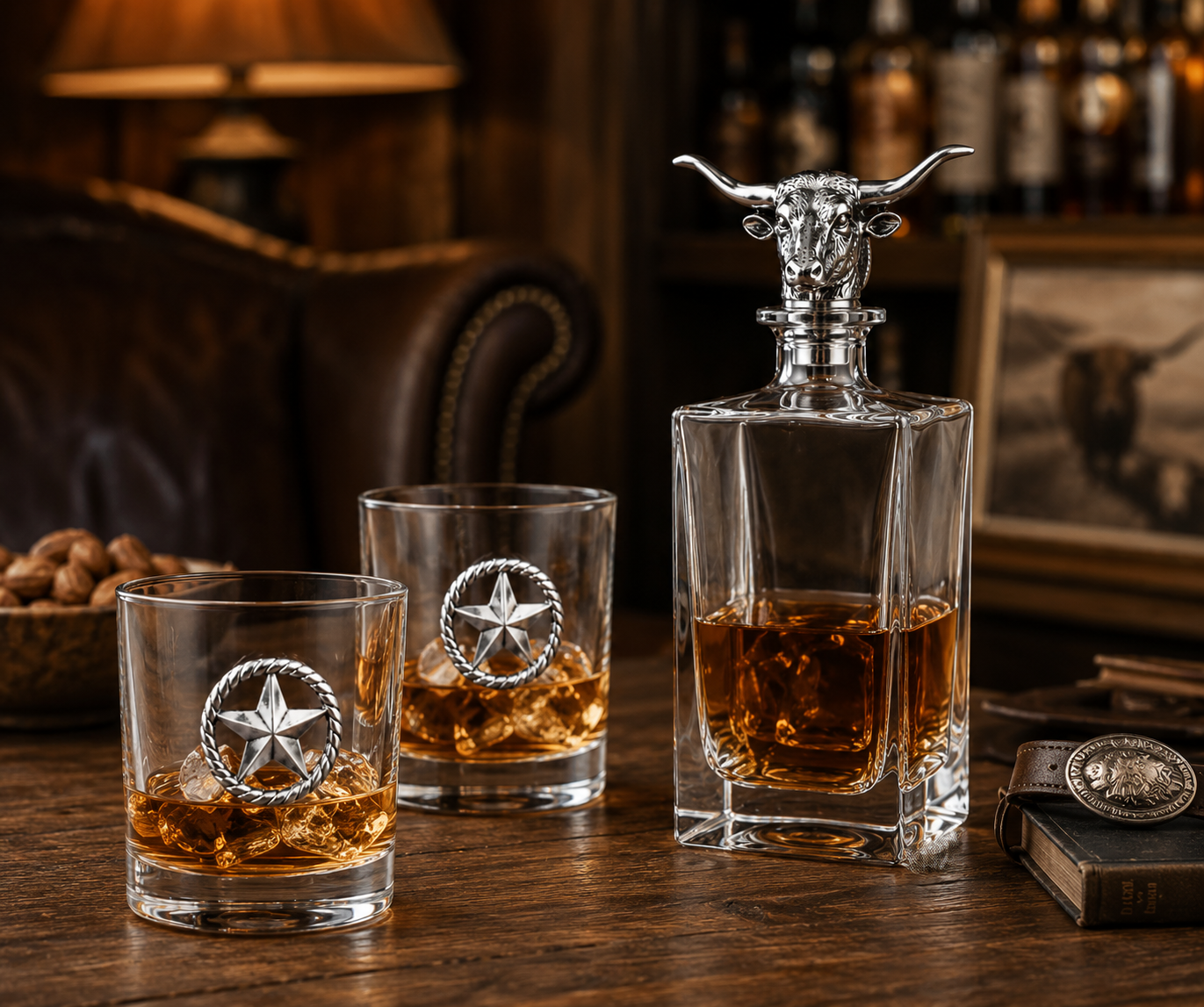 Longhorn Decanter Set with Pair of Glasses, front view
