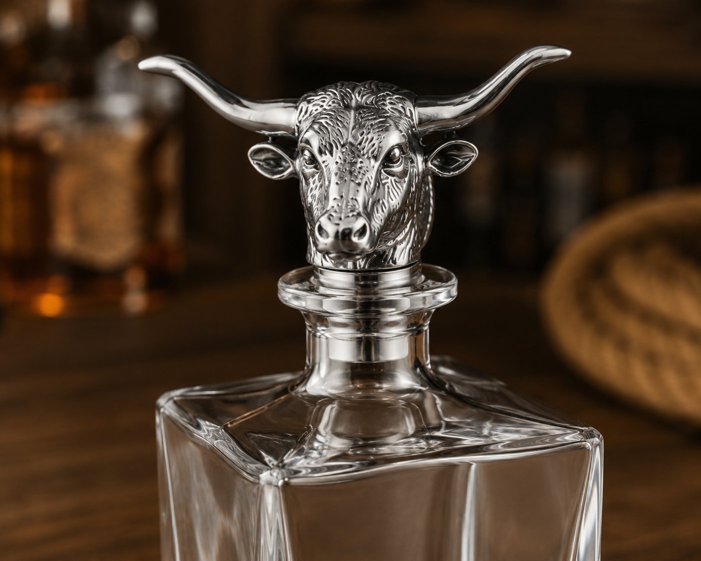 Longhorn Decanter Set with Pair of Glasses, close-up view