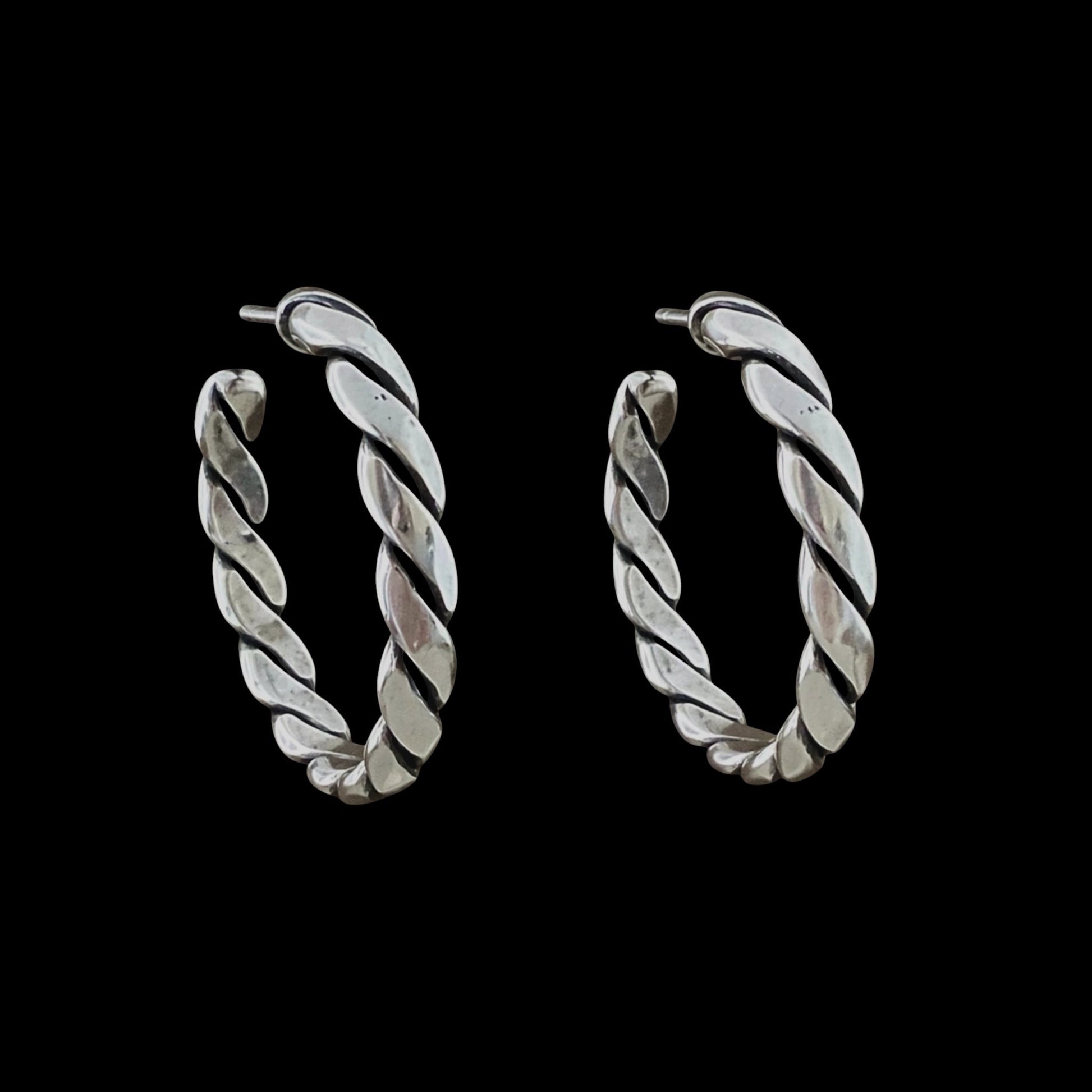 Sterling Plated Medium Vintage Rope Hoop Earrings, front view