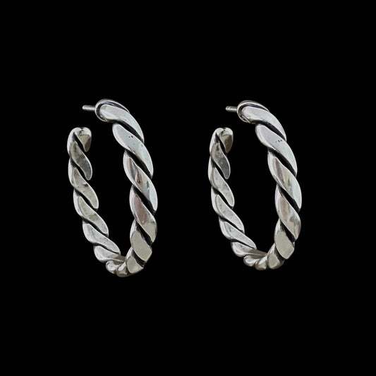 Sterling Plated Medium Vintage Rope Hoop Earrings, front view