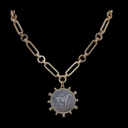 Gold Plated Horse Coin Necklace, front view