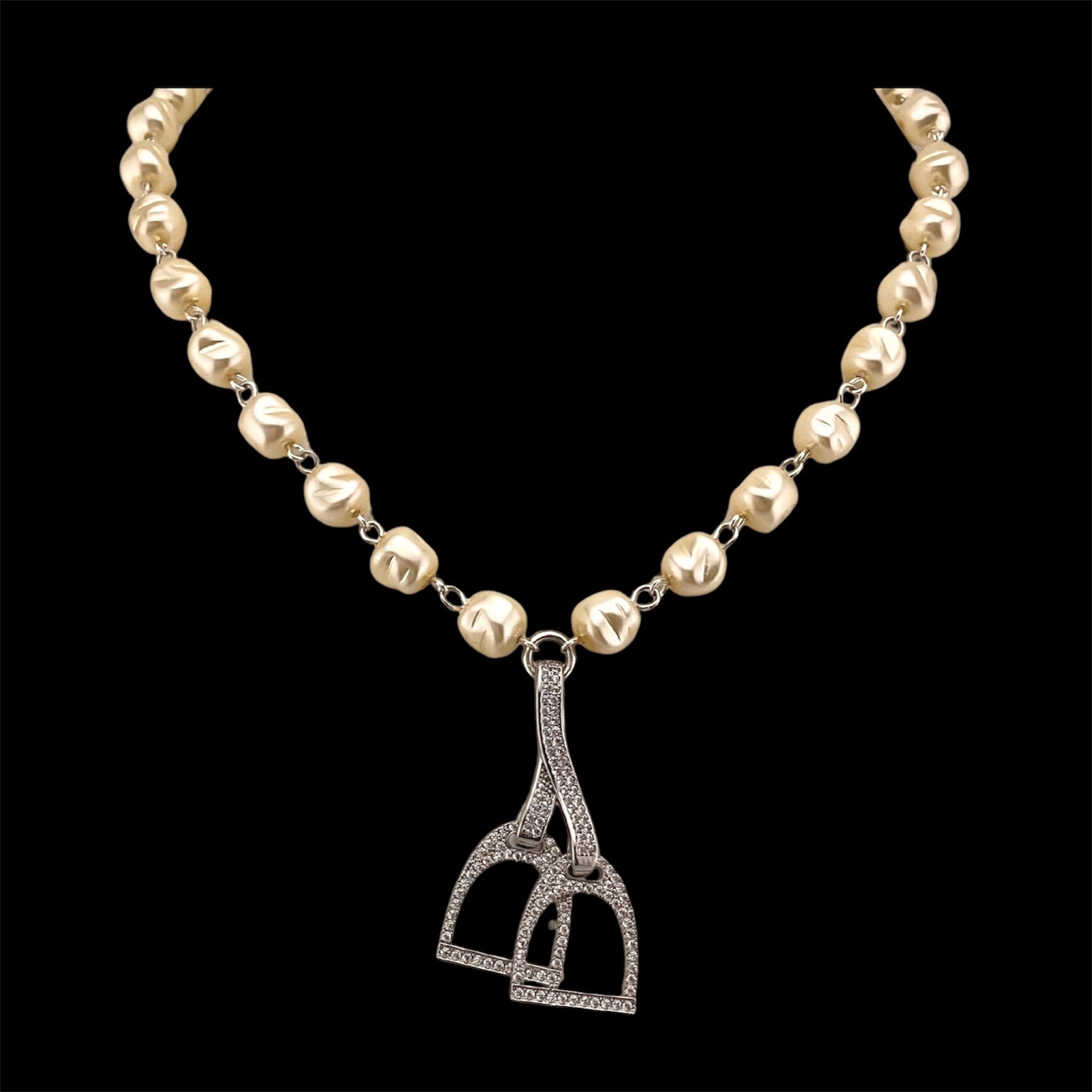 Vintage Faux Pearls with Rhinestone Horse Stirrups, front view