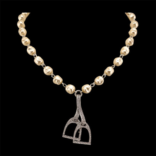 Vintage Faux Pearls with Rhinestone Horse Stirrups, front view