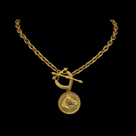 Vintage chain with Vintage Gold Plated Toggle and Horse Coin, front view