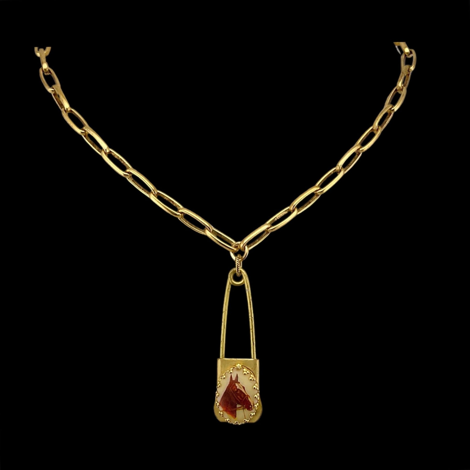 Vintage Horse Cameo Gold Plated Laundry Pin Necklace, front view