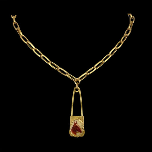 Vintage Horse Cameo Gold Plated Laundry Pin Necklace, front view