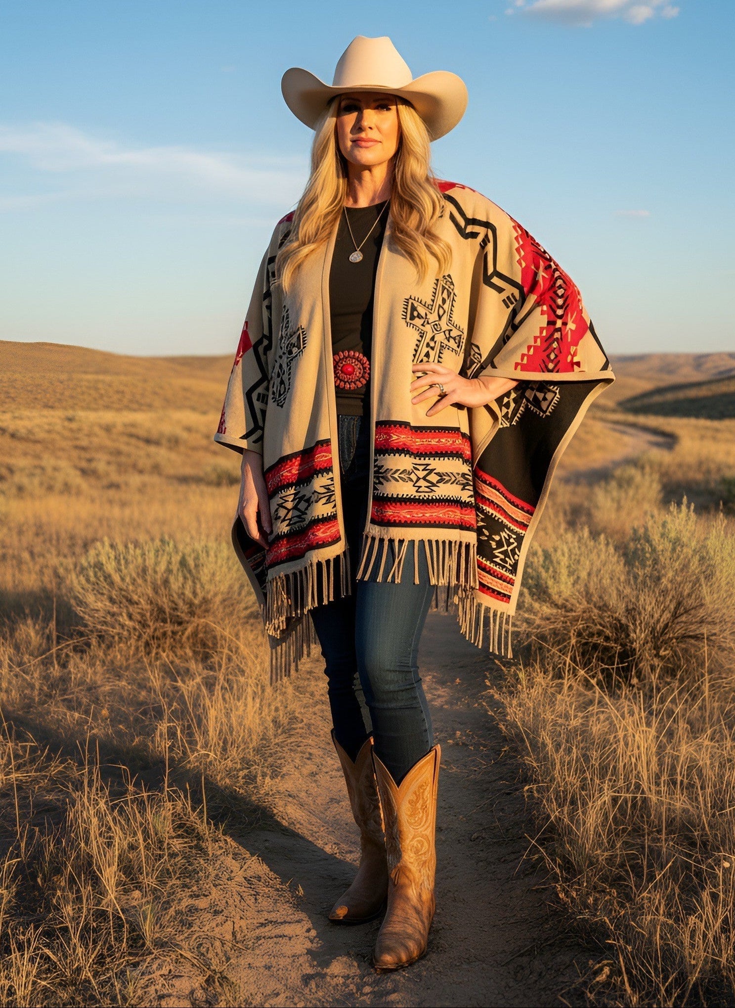 Southwest Reversible Shawl Wrap - Red/Tan/Black, side view