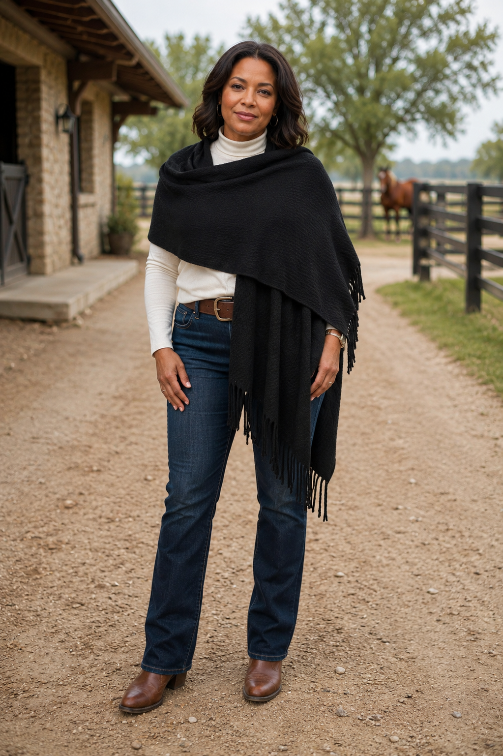 Signature Line Shawl Wrap - Black