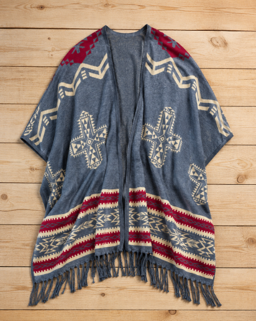 Southwest Reversible Shawl Wrap -Blue Jean, lifestyle view