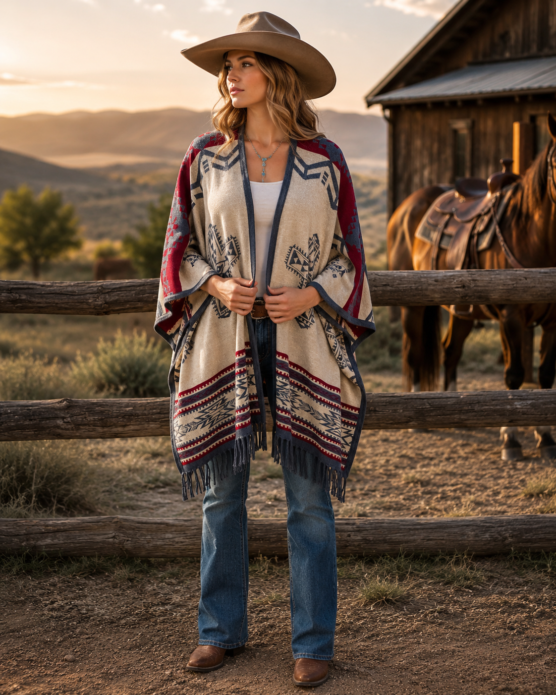 Southwest Reversible Shawl Wrap -Blue Jean, back view
