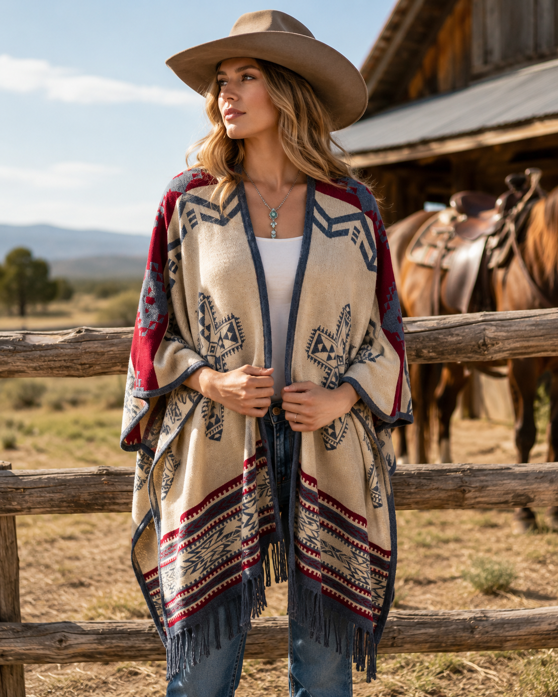 Southwest Reversible Shawl Wrap -Blue Jean, close-up view