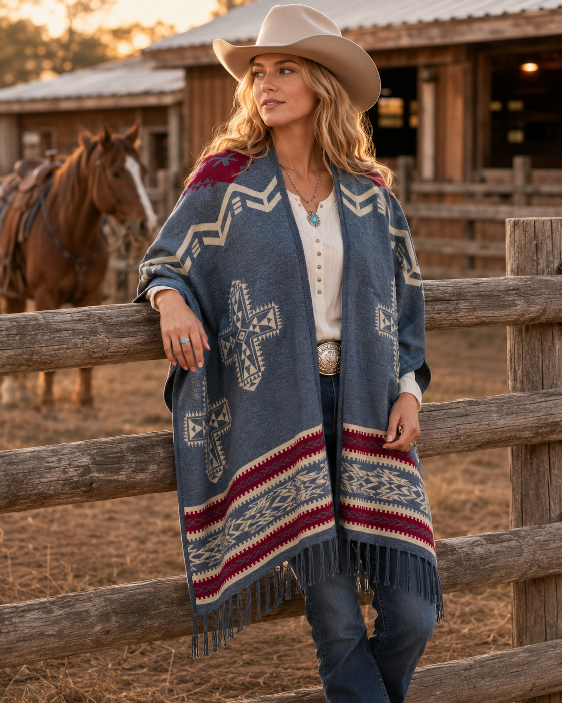 Southwest Reversible Shawl Wrap -Blue Jean, alternate view