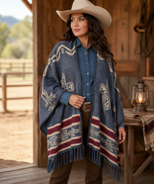 Southwest Reversible Shawl Wrap -Blue Jean, front view