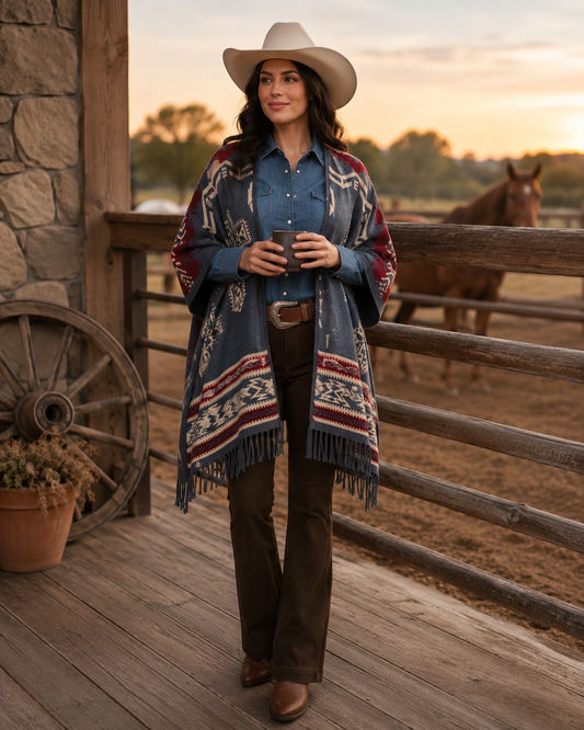 Southwest Reversible Shawl Wrap -Blue Jean, detail view