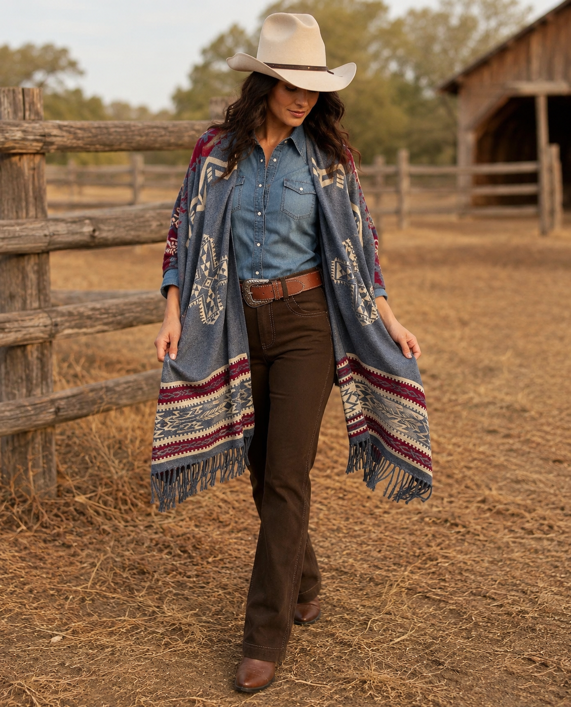 Southwest Reversible Shawl Wrap -Blue Jean, side view