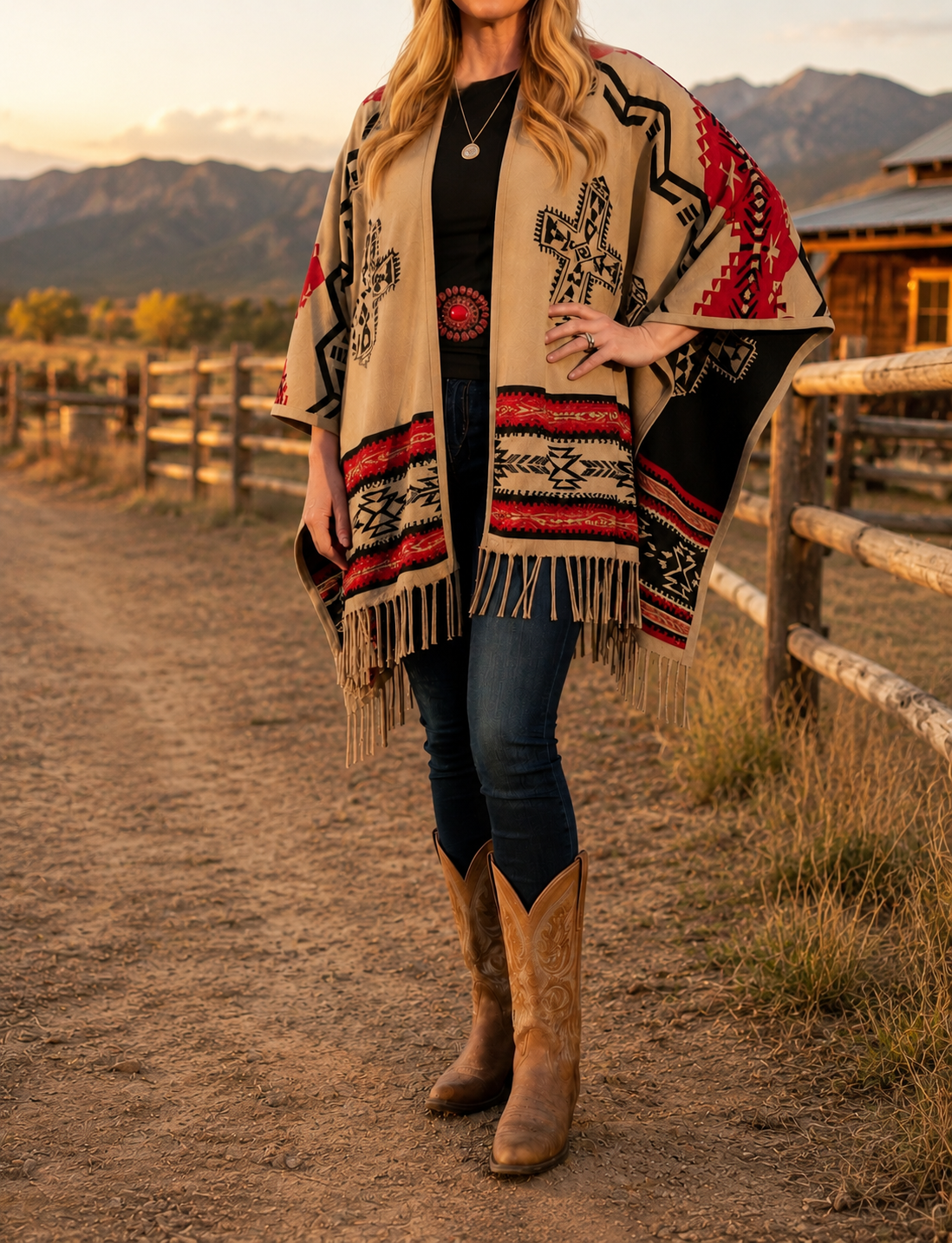 Southwest Reversible Shawl Wrap - Red/Tan/Black, close-up view
